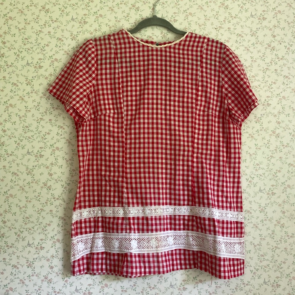 Vintage Red Gingham Lace Trim Top Handmade